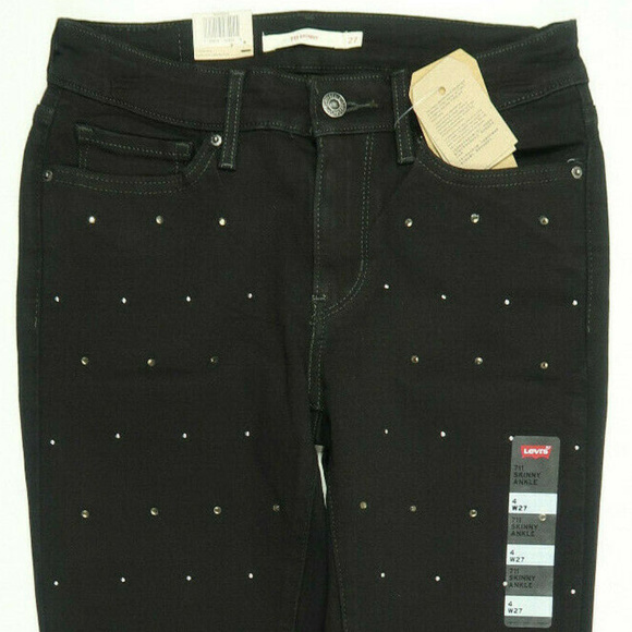 Levis 711 Skinny Black Studded Raw Hem Ankle Jeans - Picture 4 of 6